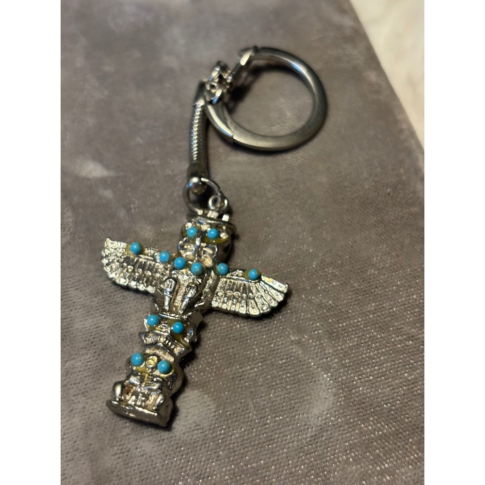 Vintage Silver Tone Totem Pole Keychain Turquoise Bead Accent Southwestern Style
